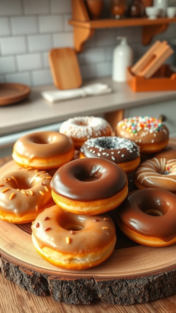 A variety of homemade donuts on a wooden platter, including glazed, powdered sugar, and sprinkled donuts.